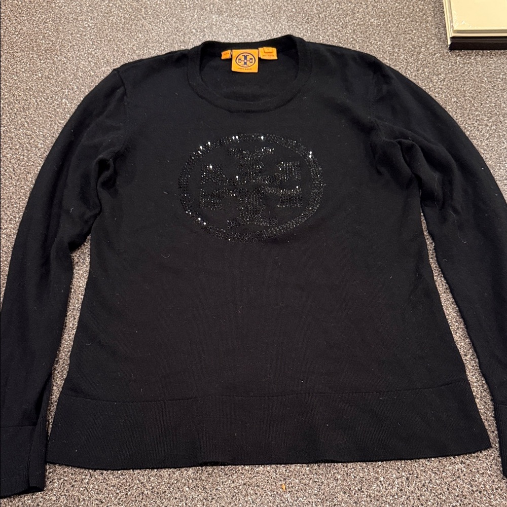 Tory Burch Black Sequin Logo Crewneck Sweater